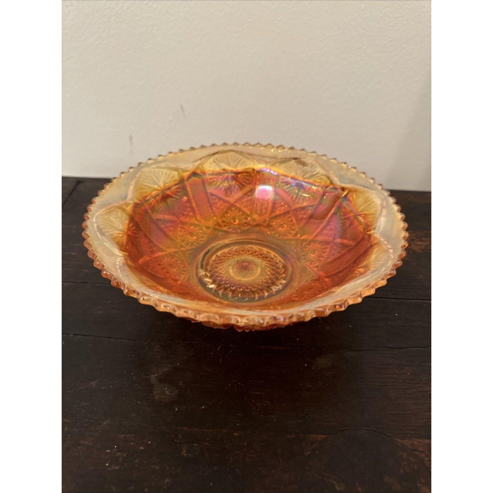 Vintage Marigold Carnival Glass Bowl Iridescent Starburst Sawtooth Rim 7 inch